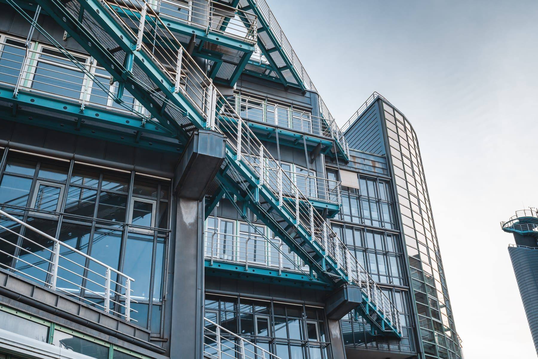 External steel escape stair on a glass façade